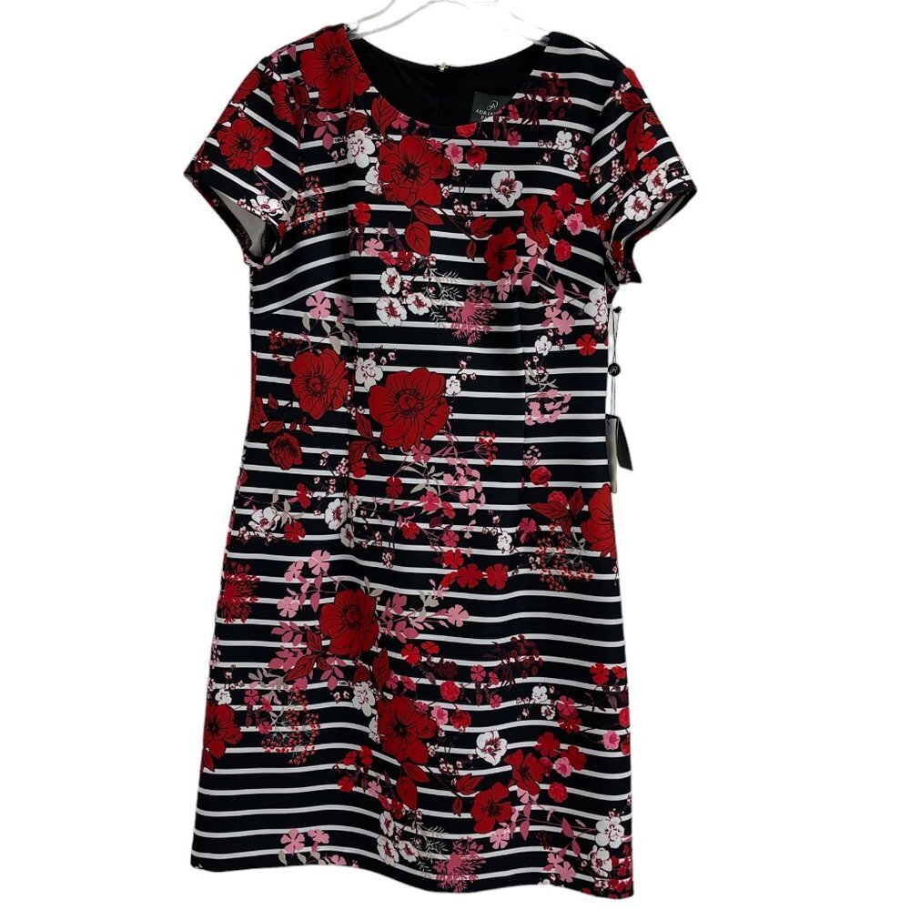Adrianna Papell NWT Floral & Stripe Dress — Red / Pink / White on Black, Size 12 - Picture 2 of 15